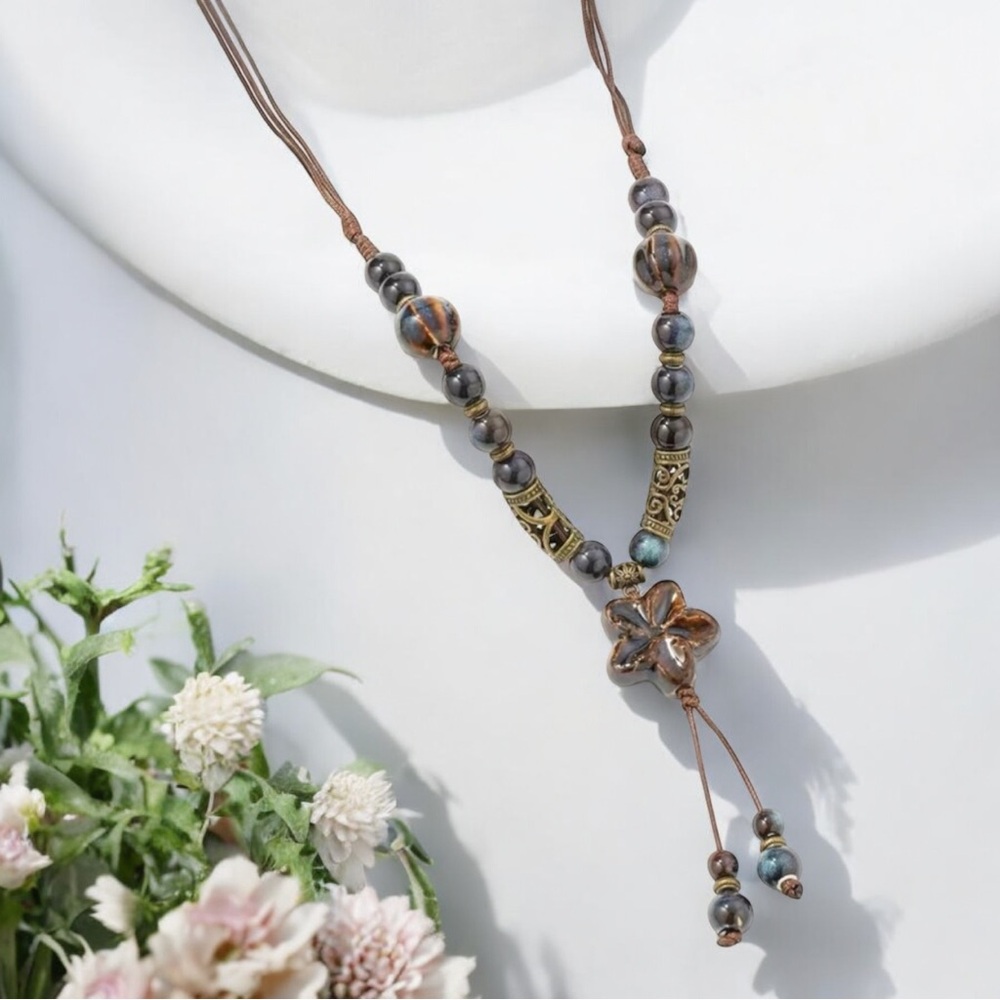 Bohemian‎ Beaded Ceramic Necklace Ethnic Style Flower Pendant Necklace